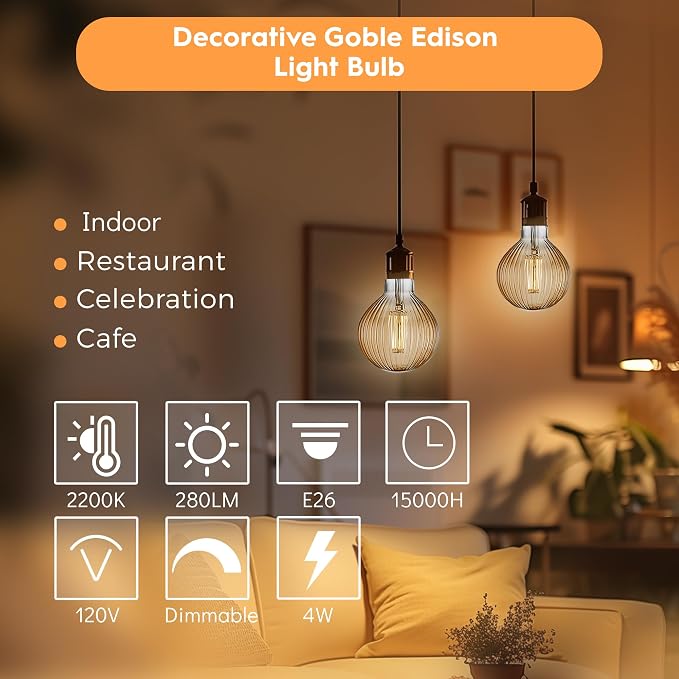 G125 LED Filament Bulb,4W Dimmable E26,2200K Amber Glass,4 Pack | Decorative Oversized Edison Bulb, Squirrel Cage Filament, Dim, For Indoor & Outdoor Cafe, Hotel, Kitchen & Dining Room Decor