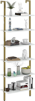 Ladder Shelf 6 Tiers Marble White Modern Bookshelf Open Tall Wall Mount Bookcase Standing Leaning Wall Shelves Industrial Decorative Living Room Bed Room
