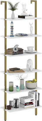 Ladder Shelf 6 Tiers Marble White Modern Bookshelf Open Tall Wall Mount Bookcase Standing Leaning Wall Shelves Industrial Decorative Living Room Bed Room