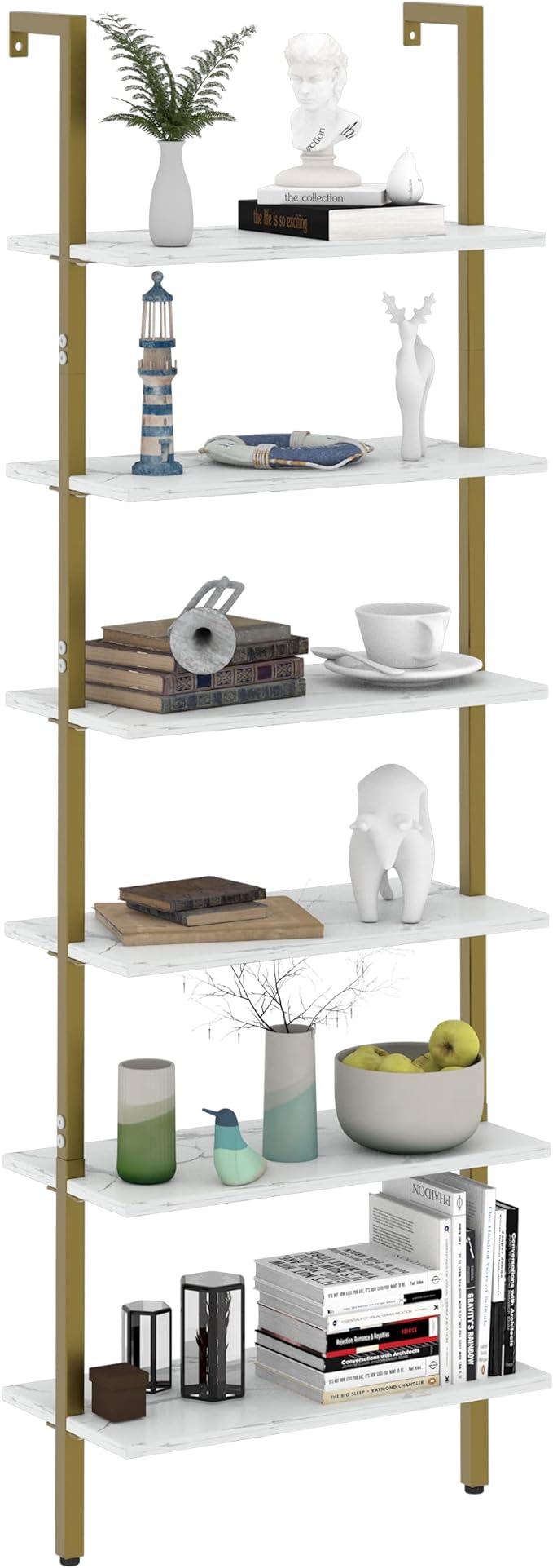 Ladder Shelf 6 Tiers Marble White Modern Bookshelf Open Tall Wall Mount Bookcase Standing Leaning Wall Shelves Industrial Decorative Living Room Bed Room