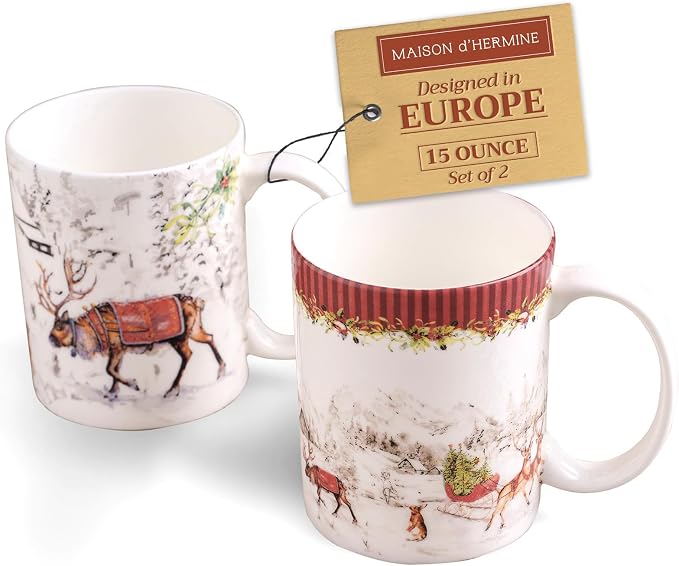 Maison d' Hermine Coffee Mug with Handles Tea Cups (15 Ounce, Pack of 2) | Fine Bone China Coffee Mugs for Hot Beverages Cappuccino Latte Home Restaurant Hotel Spring Summer -Christmas Tradition