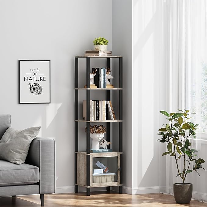 TUTOTAK 5 Tier Bookcase and Bookshelf, Narrow Book shelf with Door for Small Space, for Living Room, Office, Study, Entryway, Greige BS03BG005