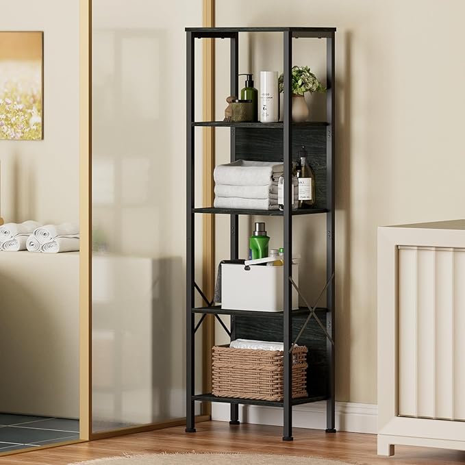 Furologee 5 Tier Tall Bookshelf with Back, Industrial Narrow Bookcase, Display Standing Shelf Units, Metal and Wood Storage Corner Shelves Organizer for Bedroom, Living Room, Entryway, Kitchen, Black