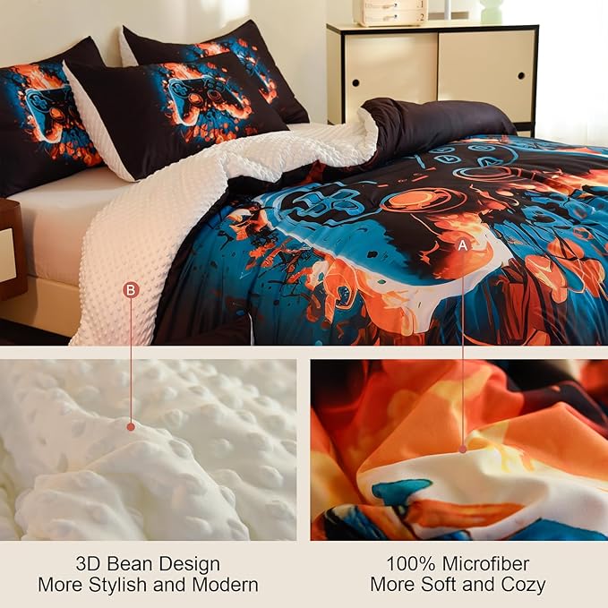 Video Game Queen Size Comforter Set for Boys Kids Teens Gamepad Gaming Controller and Fire Pattern Bedding Set- 3 Piece Quilt with 2 Pillowcases (90"x90")