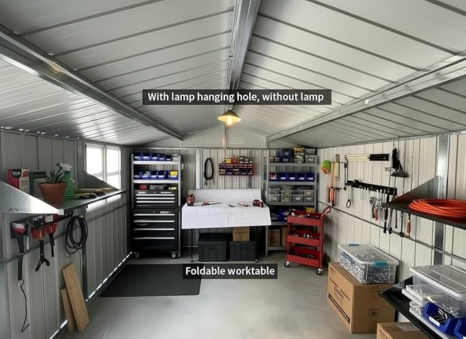 KEIKI 12x10 Ft Metal Outdoor Storage Shed Garden with Window, Foldable Worktable & Shelves, Lockable Door, Waterproof Apex Roof Heavy Duty Tool House for Backyard Garden Lawn, Black