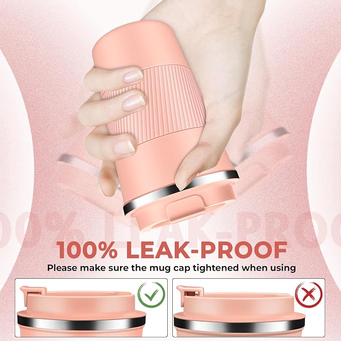 Insulated Coffee Tumbler 12 oz, Stainless Steel Coffee Mug with Lids, Travel Coffee Mug Leak Proof, Double Wall Vacuum Insulated Reusable Coffee Cup, Keep Drinks Hot and Cold (Peach Pink, 12 Ounces)