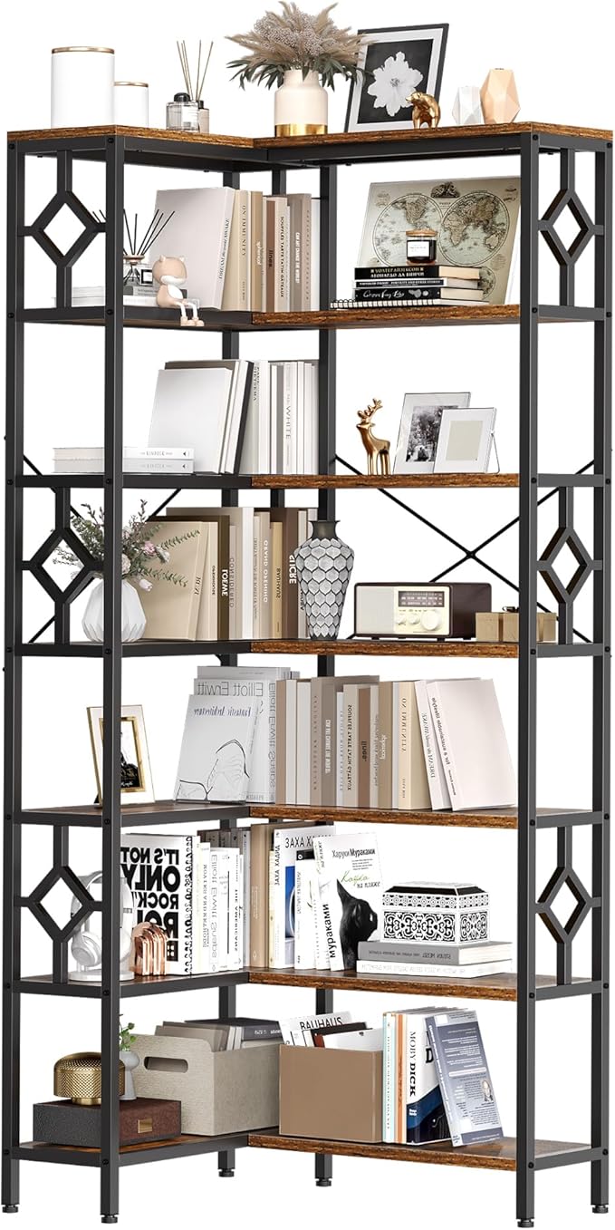 YITAHOME 7 Tier Corner Bookshelf Reversible Bookcase, Tall Bookshelf Display Rack Shelf with Metal Frame for Living Room, Bedroom, Home Office, Rustic Brown