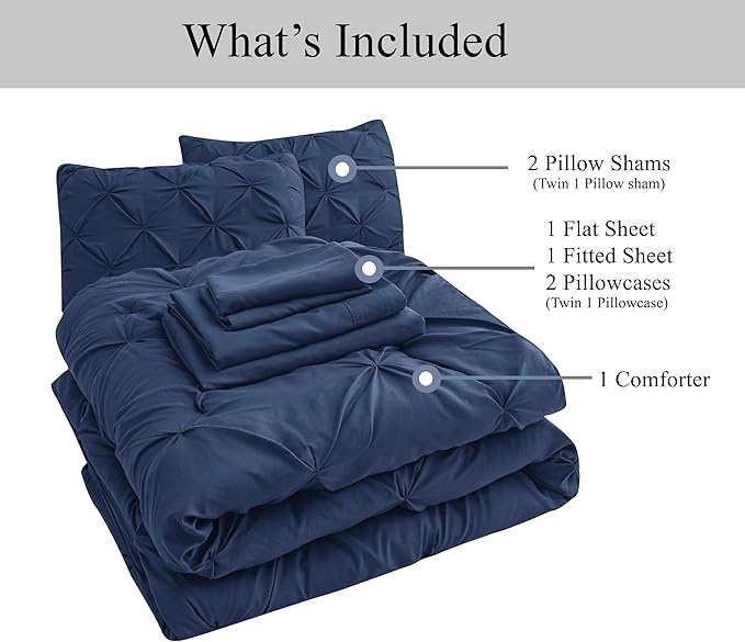 Lane Linen King Size Comforter Set, 7 Piece Bedding King Size, Pintuck King Bed in a Bag Set, Soft King Size Bed Set, Pinch Pleated King Size Comforter Set with Sheets, Pillowcases & Shams - Navy Blue