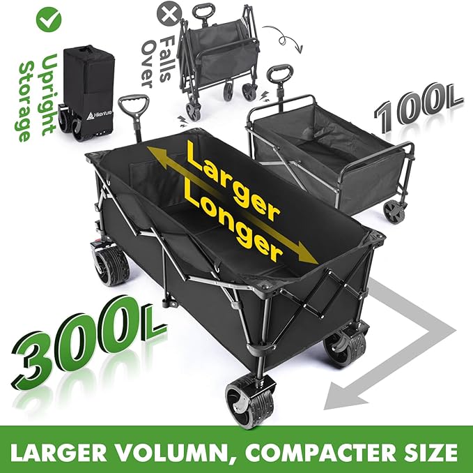 Hikenture Extended Collapsible Wagon, 500 LBS Wagons Carts Foldable, Heavy Duty Beach Wagon with Big Wheels for Sand, 300L Large Capacity Foldable Wagons, Utility Grocery Cart for Garden, Sports