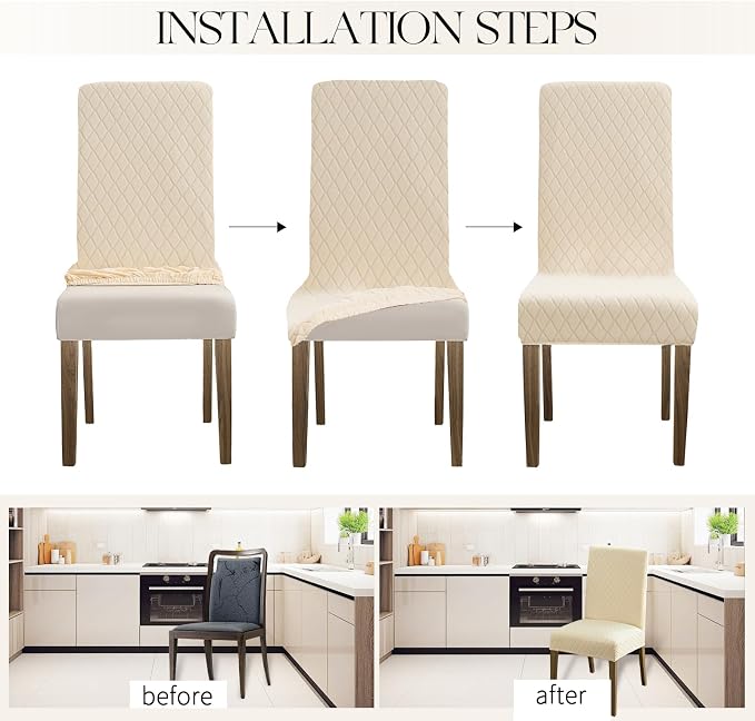 MOSAYT 100% Waterproof Dining Room Chair Covers Set of 6, Super Fit Stretch Jacquard Parson Chairs Slipcovers Removable Washable Chair Seat Protectors for Home, Kitchen, Banquet (Beige - XL)