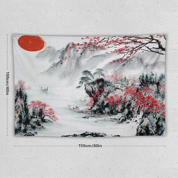 Cherry Blossoms Tapestry,Japanese Red Landscape Asian Watercolor Abstract Art Tapestry, Asian Japanese Wall Tapestry, Nature Landscape Tapestries for Bedroom Living Room Decor 60"x40"