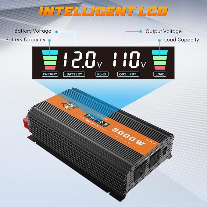 3000 Watt Power Inverter 12V to 110V, Modified Sine Wave DC to AC Car/Outdoor Converter, Dual 110V AC Outlets, 3 USB Port, LED Display for Solar, Camping, RV, Truck, Boat, Laptop and Emergencies