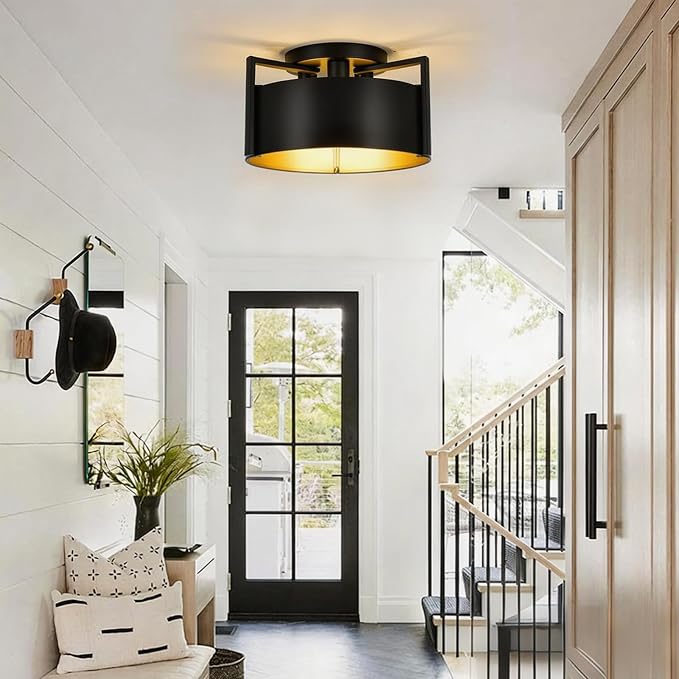 Black Semi Flush Mount Ceiling Light, 15'' Modern Farmhouse Hallway Entryway Light Fixtures Ceiling Mount, 3-Light Rustic Foyer Lighting Fixtures Ceiling lights for Kitchen Island Bedroom Dining Room