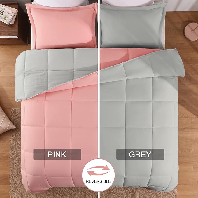 Basic Beyond King Size Comforter Set - Fluffy King Bed Comforter Set for All Seasons - Reversible Pink and Grey Comforter Set King - 3 Pieces (1 Comforter + 2 Pillow Shams)