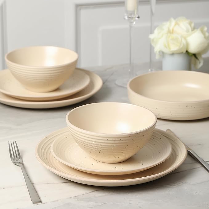 Stone Lain Lauren Modern Stoneware 32-piece Round Dinnerware Set, Plates and Bowls Set, Dish set for 8, Beige