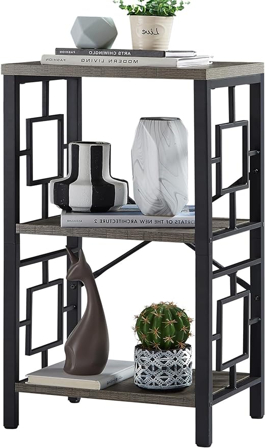 Small Bookshelf, 3 Tier Vintage Industrial Small Bookshelf for Small Spaces, Freestanding Open Shelf Bookcase, Versatile Bookshelf for Home Office, Bedroom & Living Room, Grey