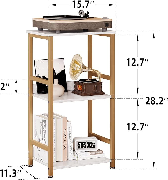 Small Bookshelf for Small Spaces, 3 Tier White and Gold Bookcase Night Stand, Narrow Gold Bedside Book Shelf, Short Bookshelf Storage Organizer for Bedroom, Living Room, Home, Office, White&Gold