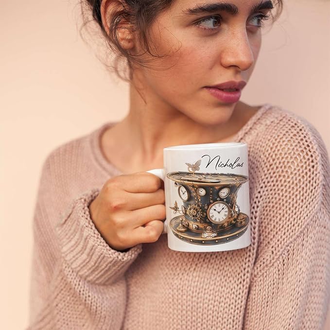 Personalized Coffee Mug Gift For Men, Customized Choose Name White Cup 11oz Or 15oz, Unique Steampunk Design Ceramic Cup, Custom Clock Themed Decorative Cup, Steampunk Decor Mug