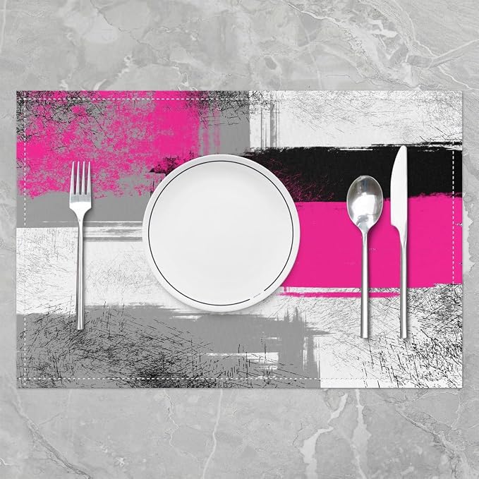 Feelyou Hot Pink Black Grey White Placemats Set of 4 for Kids Boys Girls Abstract Placemat for Kitchen Dining Table Decor Indoor Outdoor 18"x12" Ombre Modern Table Place Mats, Decor Buffalo Check
