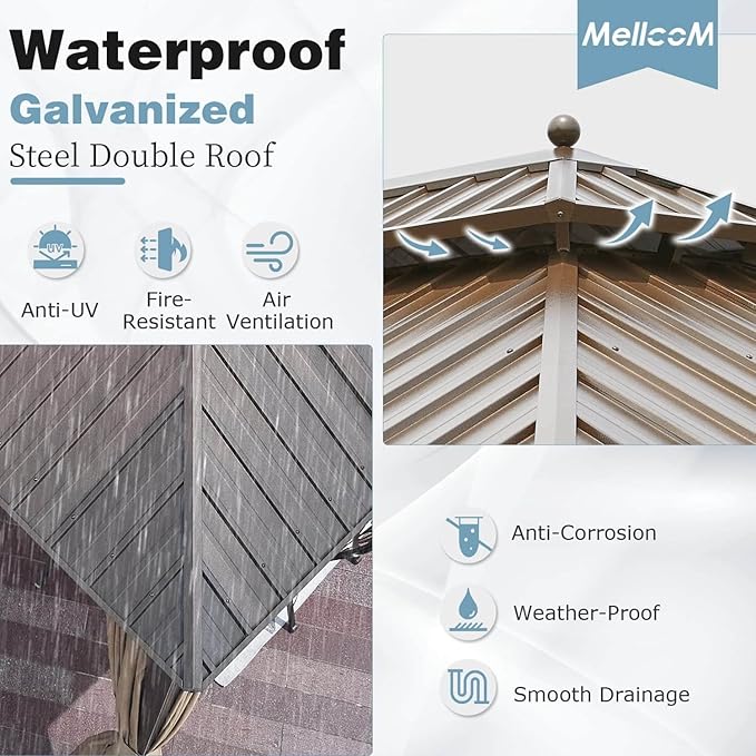 MELLCOM 10'x13' Hardtop Gazebo, Galvanized Steel Double Roof Metal Canopy with Aluminum Frame, Brown Permanent Patio Gazebos with Curtains and Netting for Patios, Gardens, Lawns