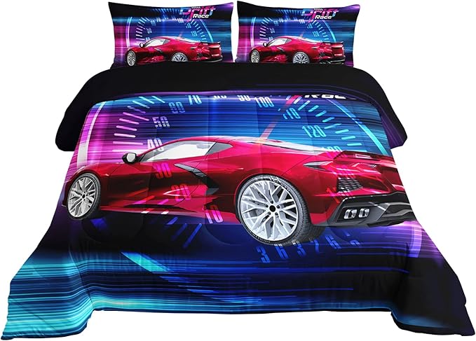 Axolotl Race Car Bedding Set Queen Size,Boys Extreme Sports Comforter Set for Kids Boys Car Racing Gifts,Red Cool Car Comforter Car Sports Quilt Set 1 Comforter Set with 2 Pillowcase Car Racing Gifts