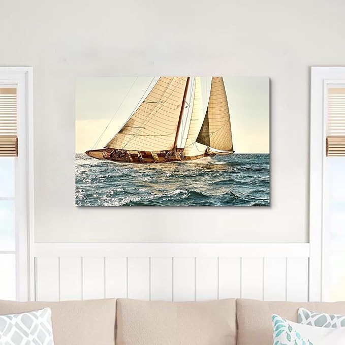 ARTISTIC PATH Coastal Nautical Canvas Wall Art - Ocean Sailboat Artwork Seascape Sailing Prints Wave Boat Picture Sunset Marine Painting for Living Room