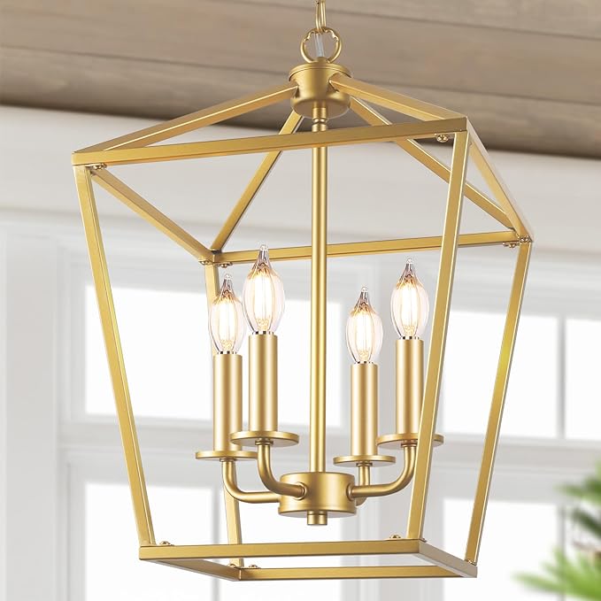 Farmhouse Chandelier 4-Light, Gold Pendant Light Fixture for Kitchen Island Dining Room, Lantern Industrial Lighting Ceiling Hanging with Metal Cage Adjustable Height for Entryway Foyer