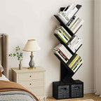 Vagusicc 6 Tier Tree Bookshelf - Modern Shelf Floor Standing Bookcase with Baskets, Tall Wood Book Storage Rack for Books/CDs, Tree Utility Book Organizer Shelves for Living Room, Home Office, Bedroom
