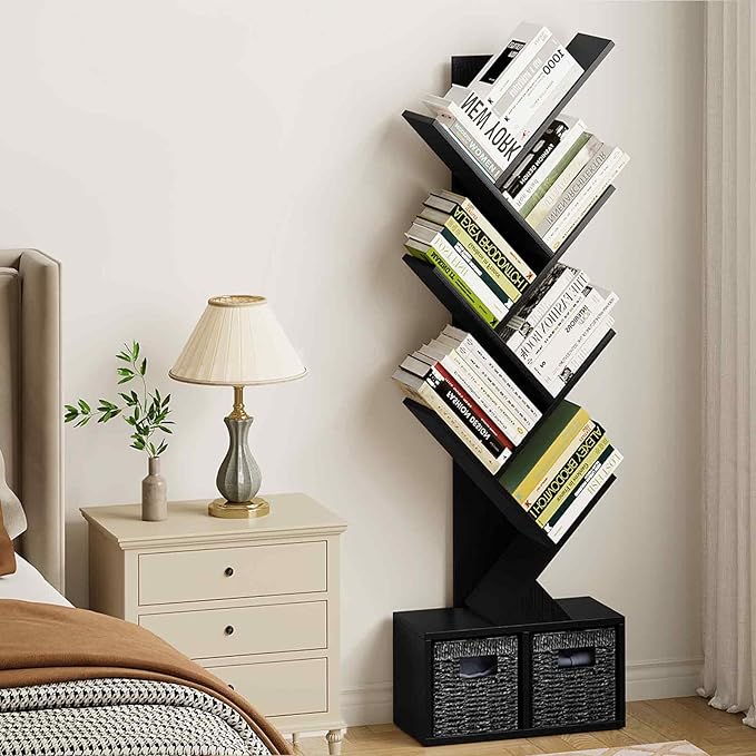 Vagusicc 6 Tier Tree Bookshelf - Modern Shelf Floor Standing Bookcase with Baskets, Tall Wood Book Storage Rack for Books/CDs, Tree Utility Book Organizer Shelves for Living Room, Home Office, Bedroom
