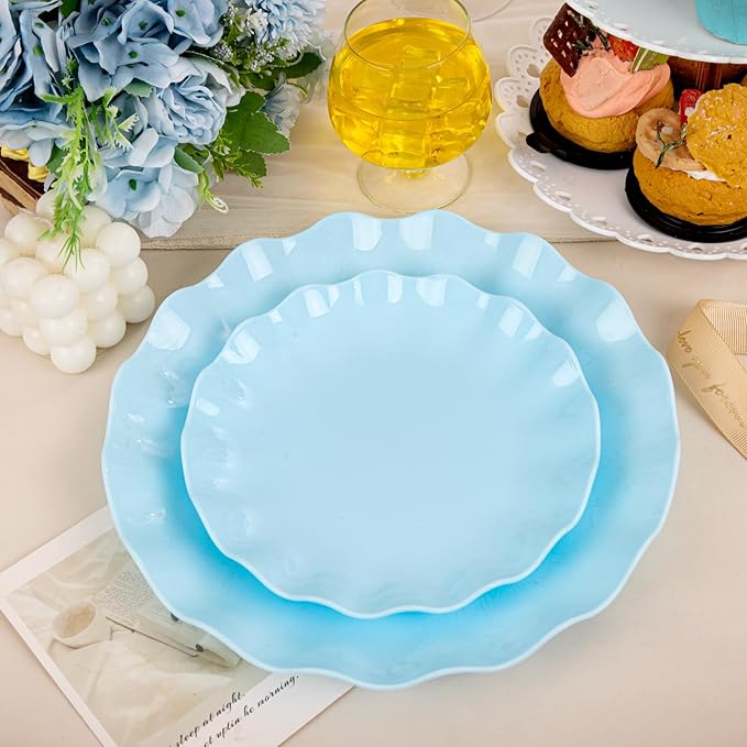 LIYH 24 Pcs Blue Plastic Plates Reusable - Unbreakable Light Blue Scalloped Plates, Dishwasher Safe Camping Plate for Parties, Birthday, Picnics, BPA Free (12Guests)