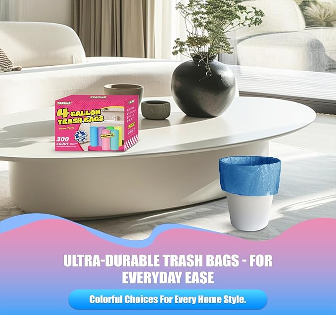300 Count 4 Gallon Small Trash Bags - 15 Liter Colored Garbage Bags Unscented Wastebasket Liners Heavy Duty & Leakproof Plastic Can Liners for Bathroom Office Bedroom Toilet Car