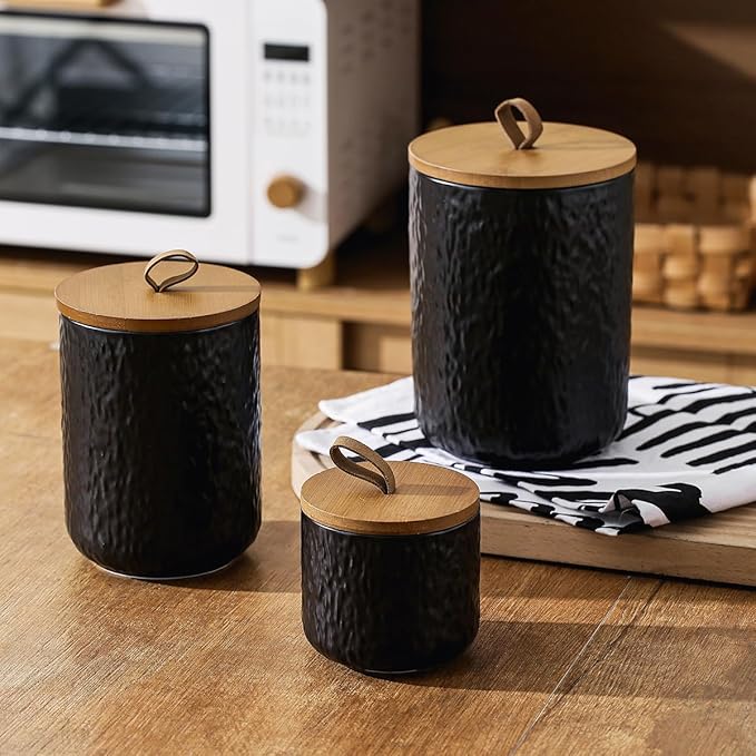 Black White Ceramic Coffee Canister Tea Canister with Seal Wood Lid, Airtight Coffee Storage Container for Coffee Bean, Ground Coffee, Sugar, Cookie Candy jar (Black three piece)