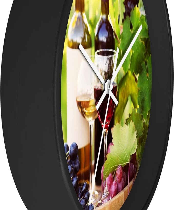 Mozingo ~ Wine Clock for Kitchen Bar Wall It's Wine O'clock Silent Time Gift Home Decor Made In USA, 10" (Hour Marks - None, Clock Frame Color - Black, Wine Theme #03)
