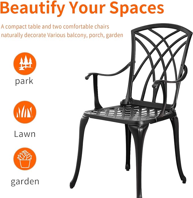 Outdoor 3 Piece Bistro Set Cast Aluminum Bistro Table and Chairs Set of 2, All Weather Bistro Patio Set, Patio Furniture for Garden Black