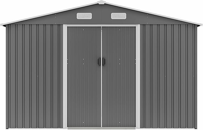 Storage Shed 10x8 FT Outdoor Metal Garden Shed with Lockable Sliding Door and Air Vents Galvanized Steel Shed with Air Vents Waterproof Roof Ideal for Backyard Patio Lawn Dark Gray