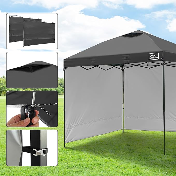 KAMPKEEPER 10x10 Easy Pop Up Canopy Tent with Sidewalls, Instant Outdoor Shade Shelter with Removable 10FT Sun Walls, Quick Setup Waterproof and UV-Resistant for Patio (Black, 2 sidewall)