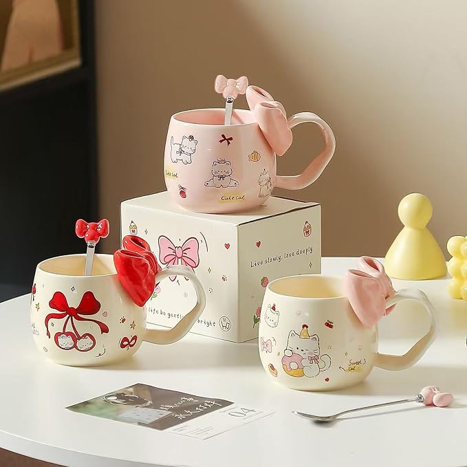 DTIUYIOP-Kawaii White Cute Cat Ceramic Coffee Mug with 3D Pink Bow & Bow Spoon, Curved Large Handle Kitty Tea Cup, Cute Aesthetic Gift for Girls Women Cat Lovers Birthday Christmas