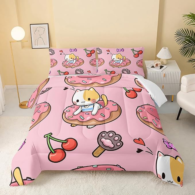 Kawaii Cat Comforter Twin Size,Doughnut Cherry Cat Comforter Set for Kids Teens Girls,3Pcs Bedding Set Printed Comforter with 2 Pillowcases,Soft and Lightweight(Pink，Twin Size)