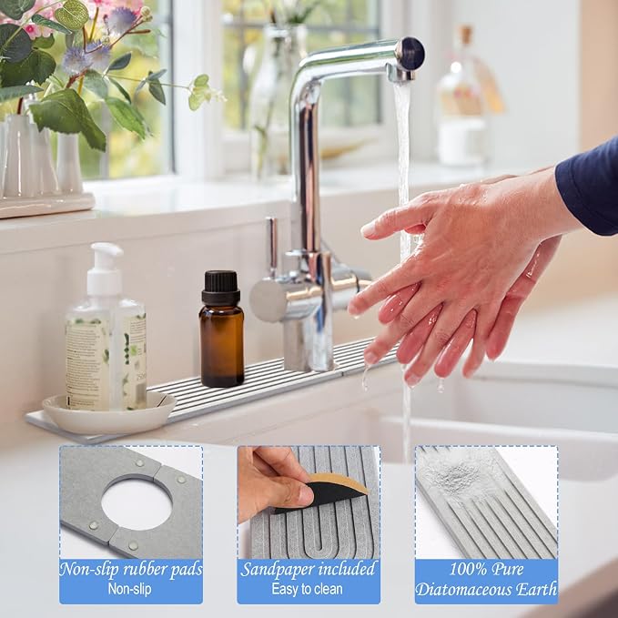 Stone Faucet Mat for Kitchen Sink, Super Water Absorbing,Gray, 15.6"x3.9" | Diatomite, Fast-Drying, Eco-Friendly, Faucet Splash Guard For Bathroom or Kitchen Counter
