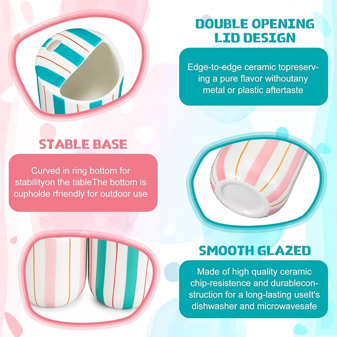 2 Pcs Ceramic Mug with Sip Hole 10 oz Pink Turquoise Striped Ceramic Coffee Mug Hand Painted Travel Mugs Heat Resistant Non Slip Built in One Lid Mugs for Coffee Lovers Appreciation Gift