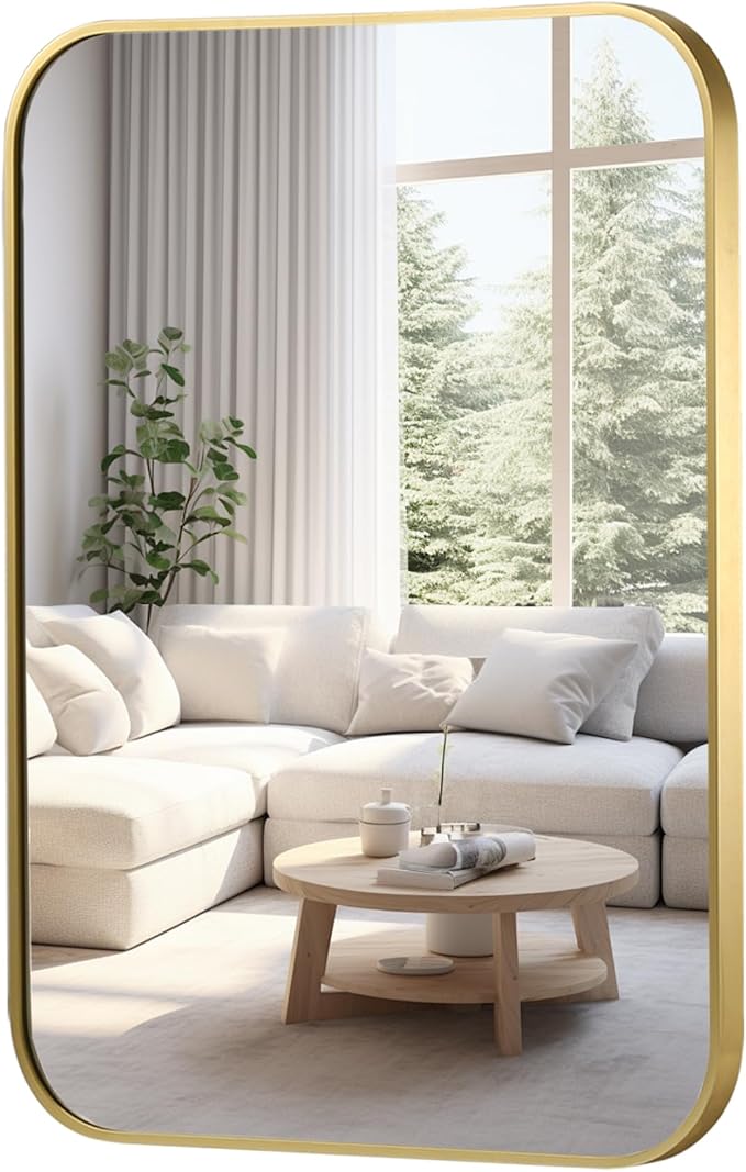 FARMER 26x38 Inch Gold Bathroom Mirror, Rectangle Vanity Mirror, Brushed Mirrors for Wall, Metal Frame Hanging Mirror with Round Corner for Bedrooms, Entryways, Living Rooms, Horizontal/Vertical
