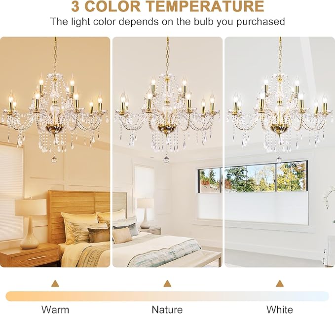 Modern Elegant 12 Lights K9 Crystal Glass Chandelier Golden Pendant Ceiling Lighting European Style for Dining Living Room Bedroom Transparent,12 E12 Bulbs Required