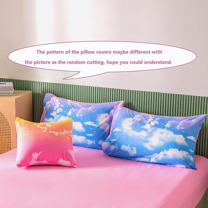PERFEMET Full Size Bedding Sets for Girls, 6 Pieces Blue Sky and White Cloud Print Comforter Set Bed in A Bag, Rainbow Ombre Bedding Comforter Sets with Sheets (Cloud Pattern, Full)