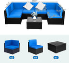 Outvita OutdoorRattan Conversation Set, 7 Pieces PE Rattan Sofa Wicker Patio Furniture Sets with Waterproof Soft Cushion for Backyard Porch Garden Poolside (Black & Blue)