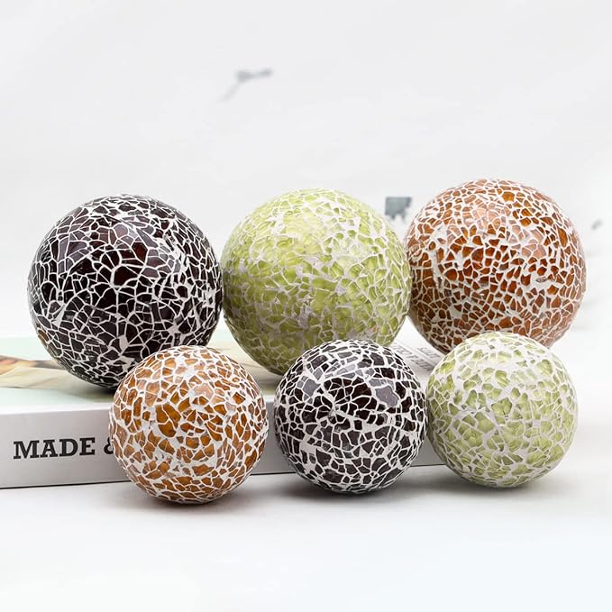 6 PCS 2.5inch Round Glass Mosaic Sphere Balls Set Living Room Table Bowls Vases Home Centerpieces Decorative Orbs Christmas Thanksgiving Wedding Party
