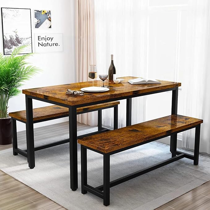 Recaceik Dining Table Set for 4 Kitchen Dining Room Set with 2 Dinner Benches, Farmhouse Breakfast Table for Apartment Small Space, Easy Assembly