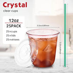 Baderke 25 Set Plastic Cups with Lids and Straws, Disposable Plastic Iced Coffee Cup for Cold Beverage Juice Smoothie Crystal for Coffee Shops Party Catering(Pink,12 oz)