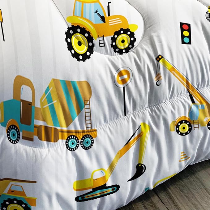Axolotl Yellow Excavator Comforter Set Queen Size,Cartoon Excavator Bedding Set,Kids Machinery Truck Comforte Set,White Stripe Bedding Vehicle Car Decor for Kids Boys Teens,1 Quilt 2 Pillowcases