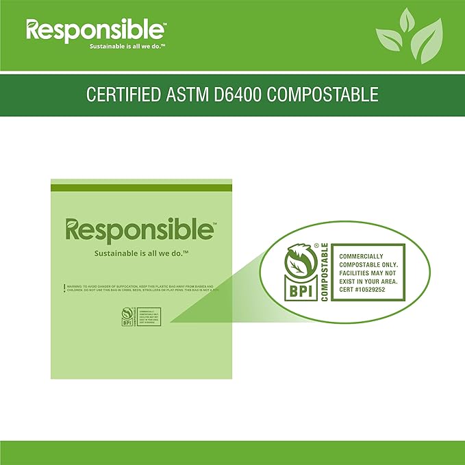Responsible Products Kitchen Bin Liners, Certified Compostable, Heavy Duty Multipurpose Food Scrap Bags, Made from Compostable Materials (13 Gallon Drawstring, 13 Gallon (100 Count))