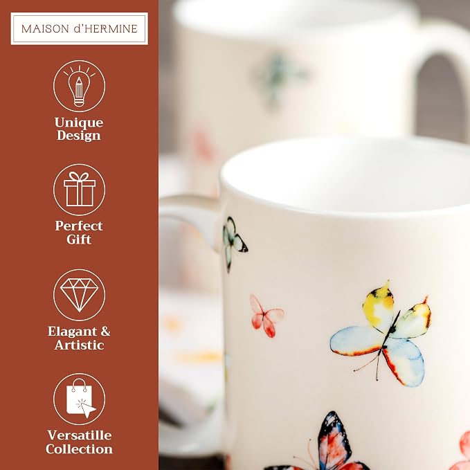 Maison d' Hermine Coffee Mug with Handles Tea Cups (15 Ounce, Pack of 2) | Fine Bone China Coffee Mugs for Hot Beverages Cappuccino Latte Home Restaurant Hotel Spring Summer -Botanical Fresh
